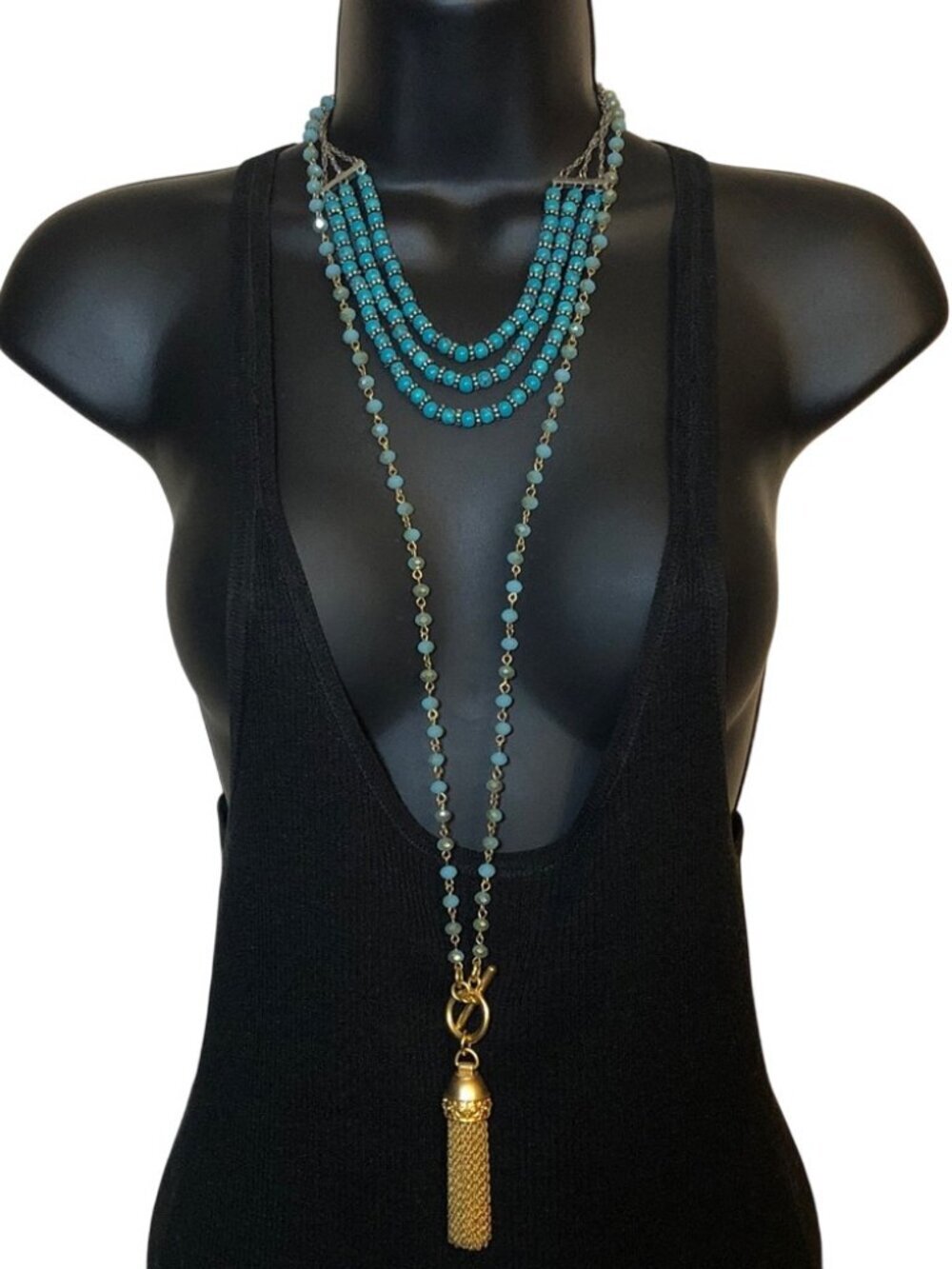 Curated bundle Lucky brand faux turquoise + necklace long tassel chain crystal
